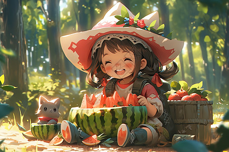 开心的女孩在吃西瓜阳光森林背景图片