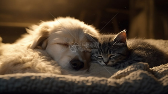 猫跟小狗一起趴在毛毯上睡觉图片