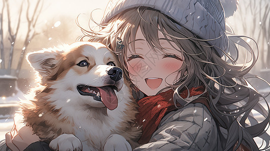 冬日暖阳下抱着小狗的可爱女孩图片