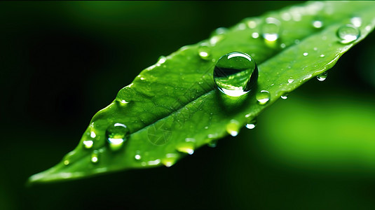 雨滴滴落在绿叶上下雨天图片