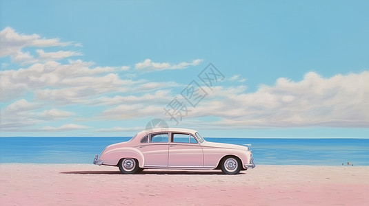粉色沙滩上停着一辆卡通老式粉色小轿车图片