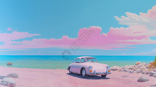 美丽的粉色沙滩上停着一辆粉色复古小轿车图片