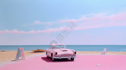 大海边停着一辆可爱的粉色卡通小轿车插画