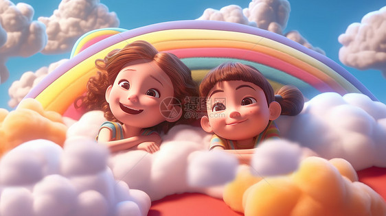 彩虹下两个趴在云朵上开心笑的立体卡通女孩图片