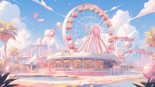 梦幻粉色卡通游乐场里的摩天轮图片