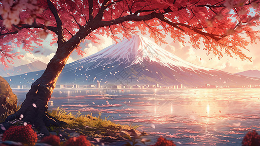 樱花树与远处的被雪覆盖的火山卡通风景背景图片