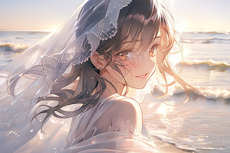 海边戴着头纱的唯美新娘图片