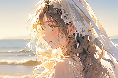海边戴着头纱的梦幻美丽新娘图片