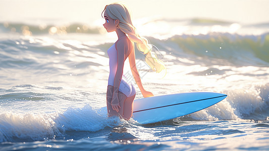 拿着蓝色冲浪板穿粉色泳装的卡通女孩走向大海图片