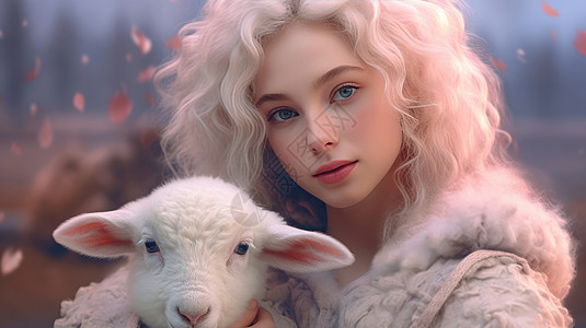 头发女孩抱着一只可爱的羊图片