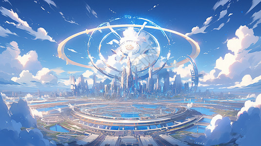科技蓝天白云蓝天白云下科幻的卡通城市上空一个圆形环插画