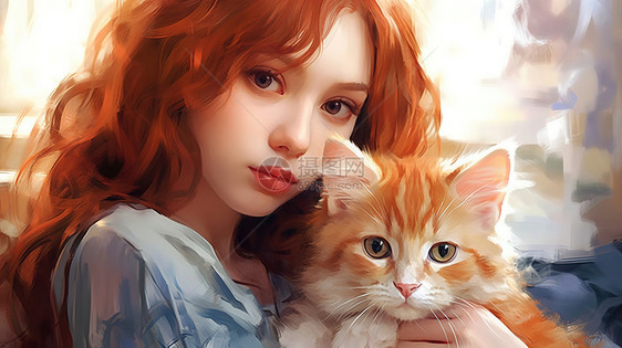 甜美少女与猫，小橘猫与卷发少女，可爱的小橘猫与少女，可爱的小橘猫与甜美的少女图片