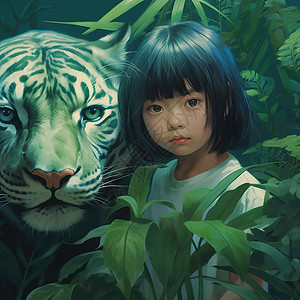 小女孩靠近老虎庞大的脑袋图片