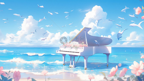 在海边美丽的白色钢琴与满天飞舞的鱼群梦幻卡通风景图片