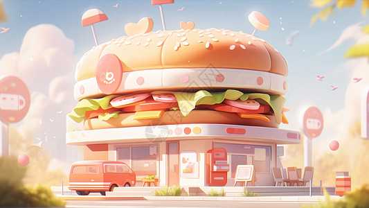 可爱的超大汉堡主题卡通快餐商店图片