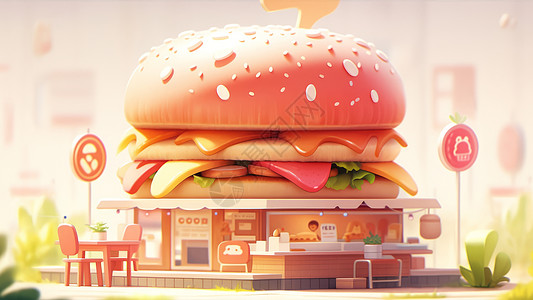 房顶上有巨大汉堡的可爱的卡通快餐店图片