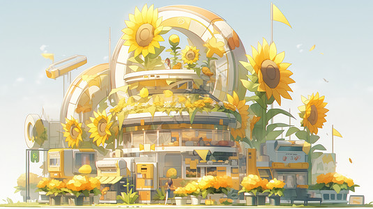 小清新向日葵花朵可爱的卡通小房子背景图片