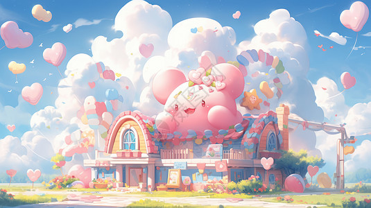 可爱的卡通小房子上一只超大的粉色宠物图片