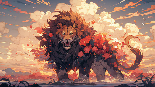 满身红色花朵威武霸气的卡通雄狮背景图片