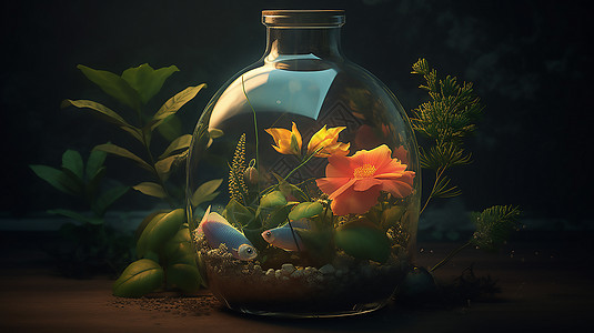 玻璃瓶里的鱼和花朵图片