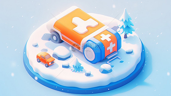 冬天风雪中的移动的卡通医院小岛图片