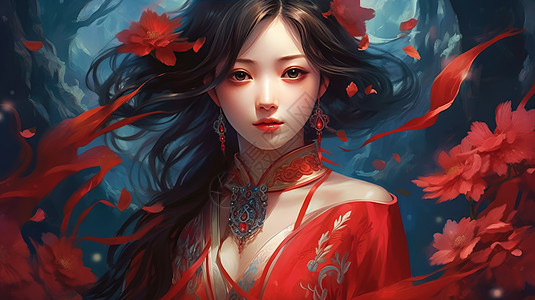 穿喜庆红色传统风服饰的卡通女孩图片