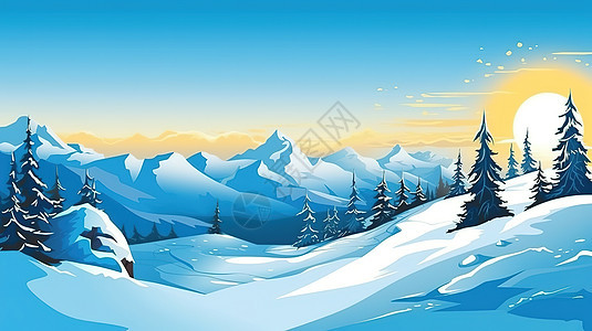 冬季空旷雪山场景卡通风格图片