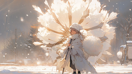 扛着超大蒲公英的卡通女孩站在雪中背景图片