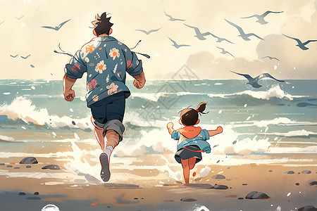 父亲和孩子在海边奔跑卡通插画图片