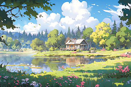 灿烂的夏日插画蓝天草地湖泊场景背景图片