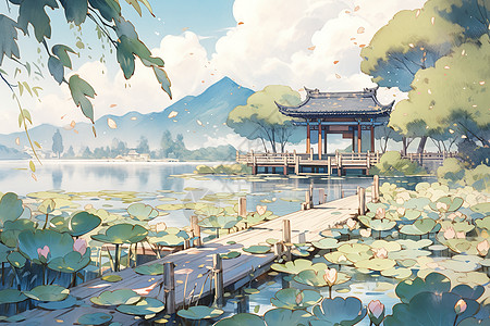 夏日荷花池后院小亭插画背景图片