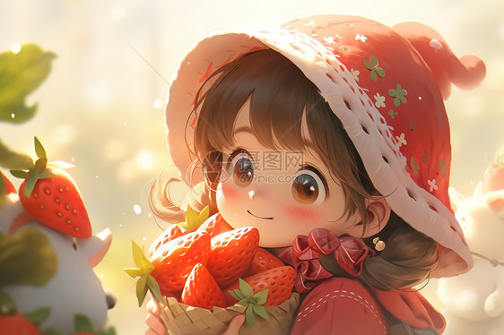 抱着草莓的可爱小女孩卡通图片