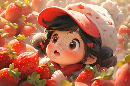 抱着一堆草莓的可爱小女孩卡通图片