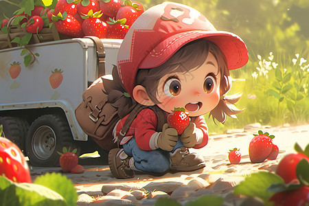 在吃草莓的可爱小女孩卡通插画图片