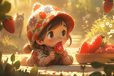 吃着草莓的可爱小女孩卡通插画图片