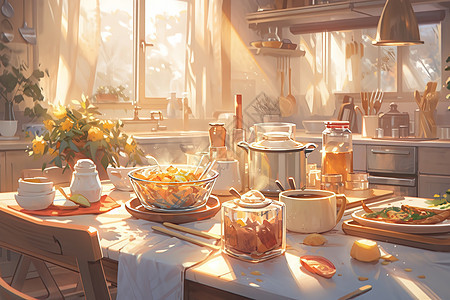 阳光下厨房桌子上的菜美食漫画图片