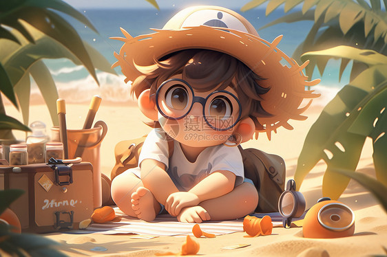 夏天坐在沙滩上发呆的小男孩图片