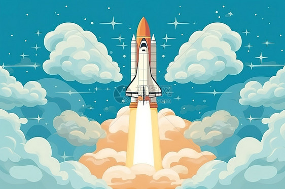 航天飞机火箭发射到外太空扁平卡通插画图片