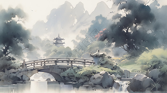 河流上的古风石桥中国风水墨画图片
