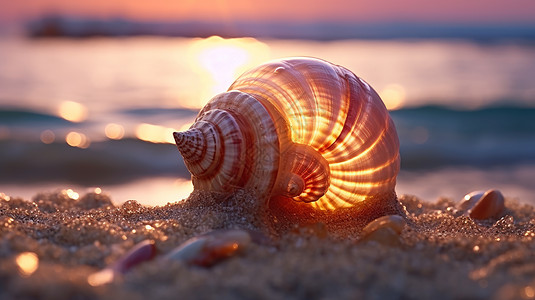 沙滩上阳光照着发光的贝壳图片