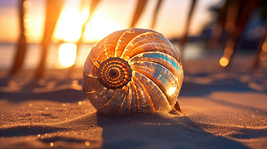在沙滩上夕阳照着漂亮发光的海螺贝壳图片