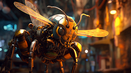 科幻金属质感在街上的蜜蜂机器人图片