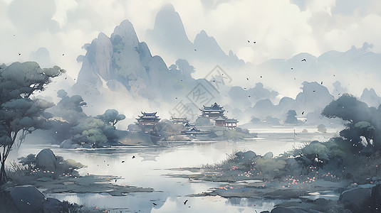 中式烟雨朦胧山水画图片