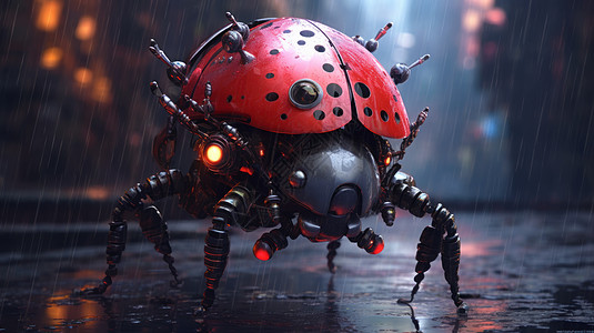 科幻雨中在街上的七星瓢虫机器人图片