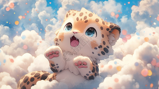 在彩色云朵上的卡通小豹子开心惊讶图片