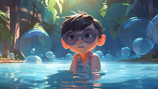 水里降温的男孩图片