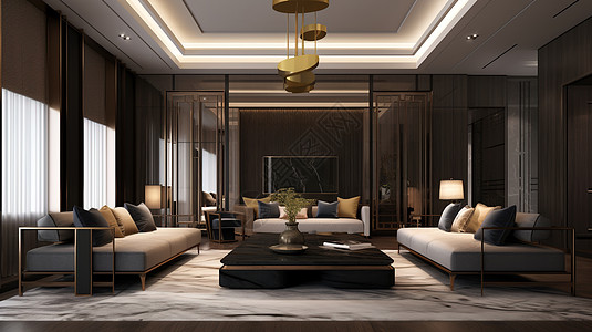 新中式家具大气的新中式客厅插画