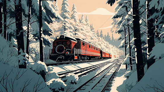 冬日里呼啸而过的火车，行驶在大雪中的列车，火车行驶在白雪皑皑的冬天，冬日景色里的火车图片