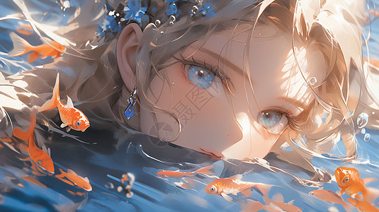 蓝色眼睛在水中与鱼嬉戏的漂亮卡通女孩图片