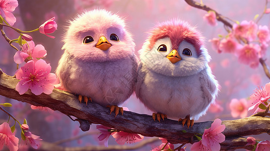 两只可爱的毛绒绒卡通粉色小鸟站在桃花树枝上图片